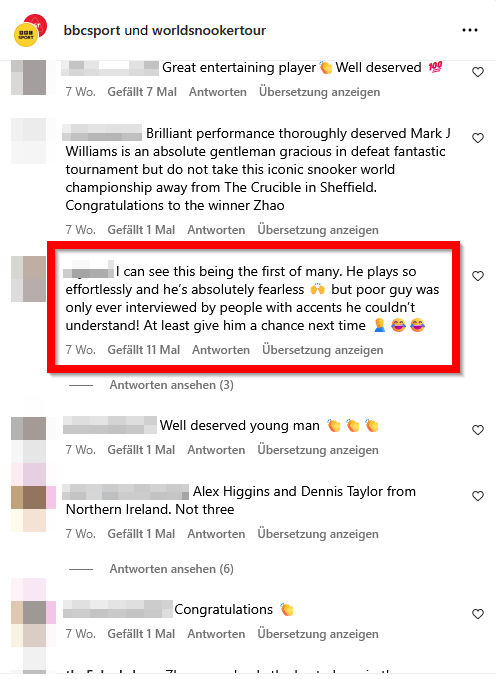 Aufnahme eines Instagram-Kommentars bezüglich Zhao Xintongs mentaler Stärke.