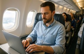 Ein Mann sitzt mit seinem Laptop im Flugzeug.