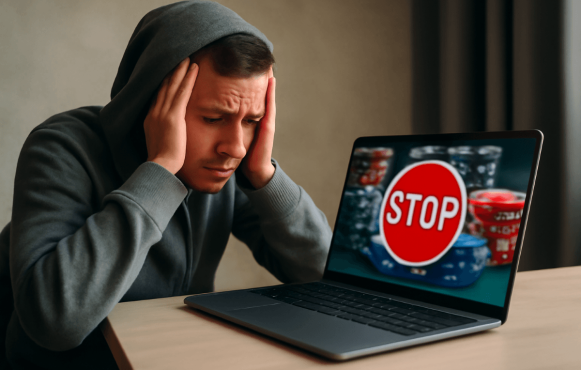 Ein verzweifelter Mann vor einem Laptop, auf dem eine Glücksspielseite blockiert wird.
