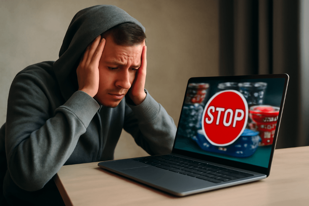 Ein verzweifelter Mann vor einem Laptop, auf dem eine Glücksspielseite blockiert wird.