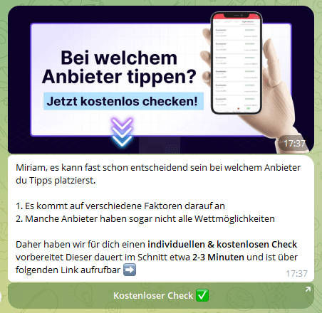 Screenshot mehrerer Telegram-Nachrichten mit einem Check verschiedener Sportwettenanbieter.