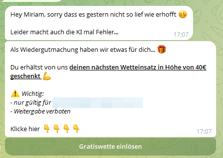 Screenshot einer Telegram-Nachricht mit einem Gutschein für eine Freiwette.