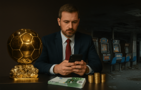 Animation mit einer Abbildung des Ballon d’Or, einem Mann und einer verlassenen Spielhalle.