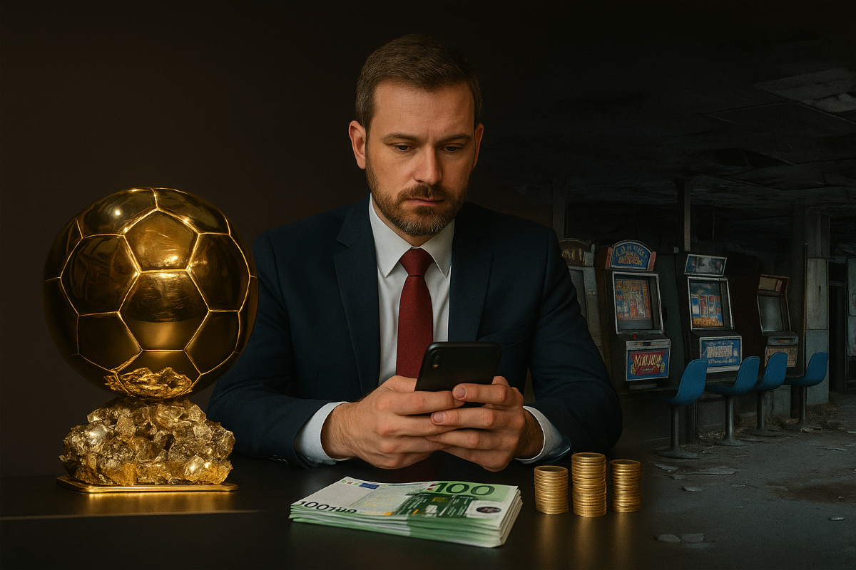 Animation mit einer Abbildung des Ballon d’Or, einem Mann und einer verlassenen Spielhalle.
