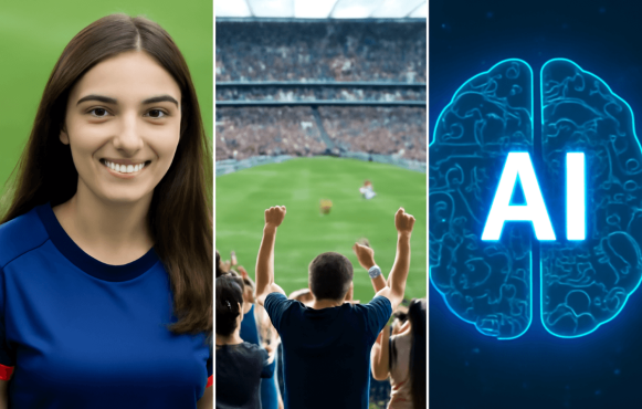 Eine Frau im Fußball-Trikot, eine jubelnde Menge und die Animation eines Gehirns.