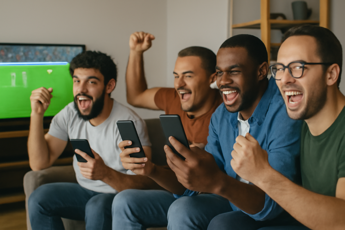 Vier Freunde schauen zusammen Fußball und schauen jubelnd auf ihre Smartphones.
