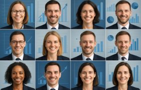 Collage aus KI-generierten Personen in formeller Kleidung, lächelnd oder neutral in offiziellen Porträtposen, mit Balken- und Kreisdiagrammen im Hintergrund zur Darstellung von Datenanalyse.
