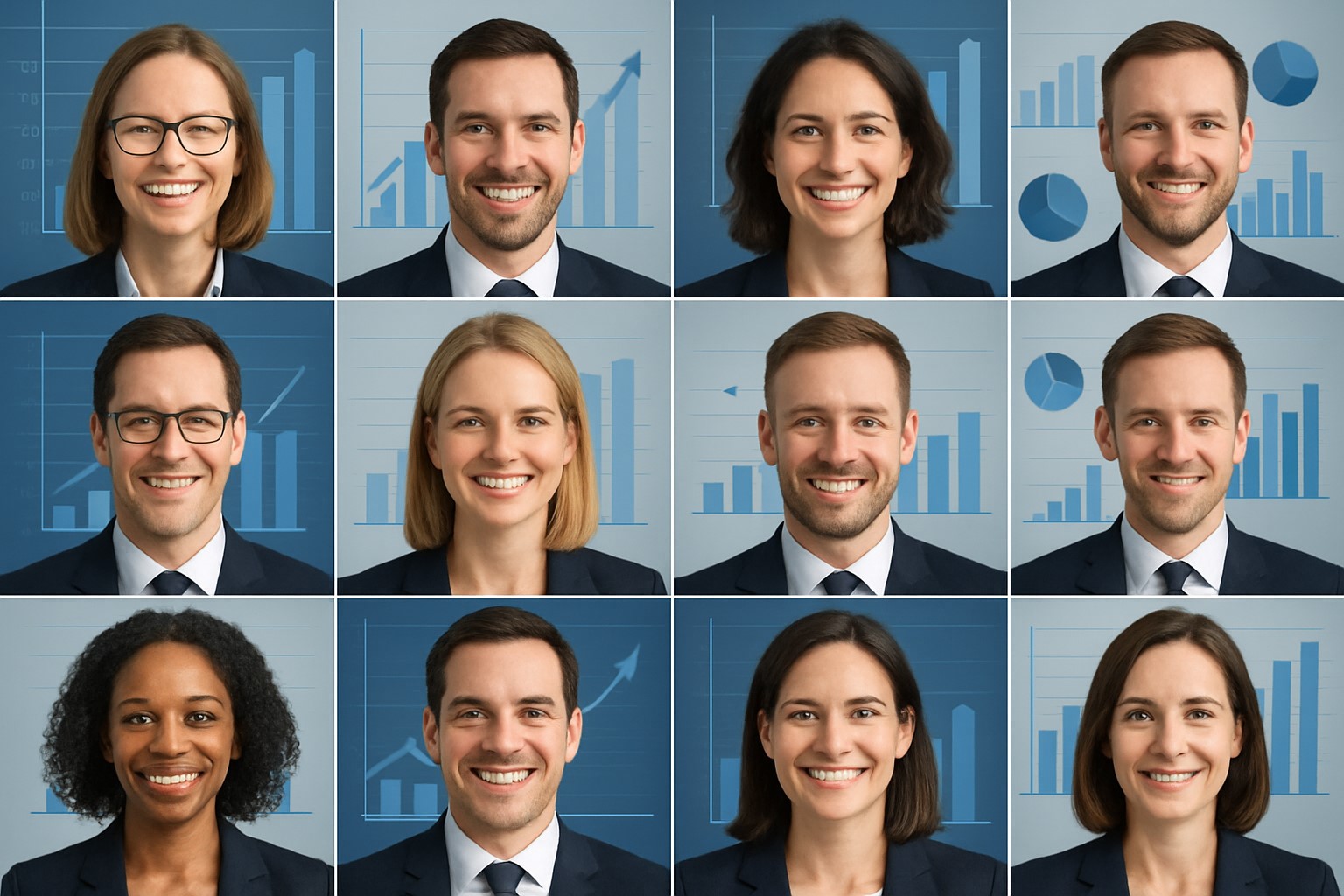 Collage aus KI-generierten Personen in formeller Kleidung, lächelnd oder neutral in offiziellen Porträtposen, mit Balken- und Kreisdiagrammen im Hintergrund zur Darstellung von Datenanalyse.