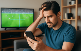 Ein Mann, der traurig auf sein Smartphone schaut und sich die Haare nach einer verlorenen Wette rauft.