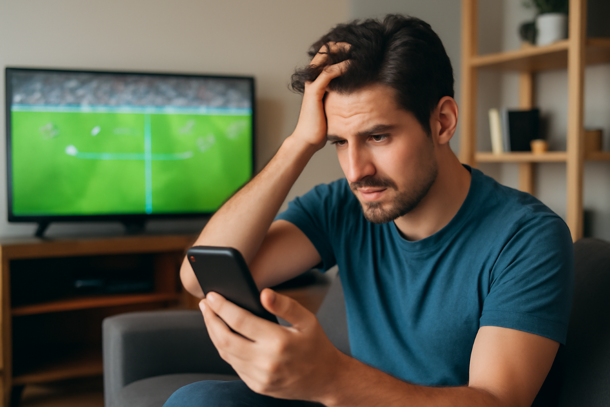 Ein Mann, der traurig auf sein Smartphone schaut und sich die Haare nach einer verlorenen Wette rauft.
