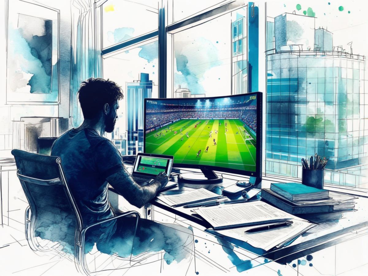 Ein Bild von einer Person vor einem großen Computerbildschirm im Zeichenstil - Erstellt via AI Prompt.
