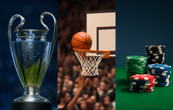Der Champions League Pokal, ein Basketball-Korb und Spielchips.