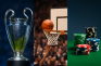 Der Champions League Pokal, ein Basketball-Korb und Spielchips.