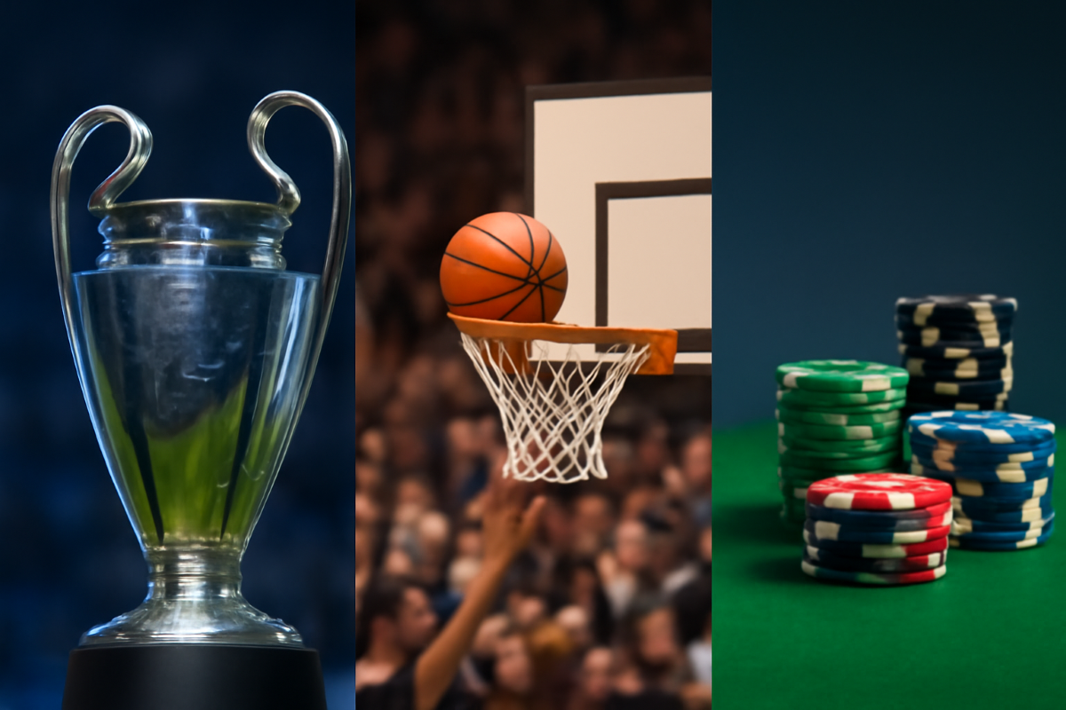 Der Champions League Pokal, ein Basketball-Korb und Spielchips.
