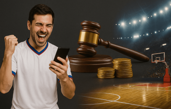 Ein Bild mit einem jubelnden Mann an seinem Handy, einem Haufen Münzen und einem Basketballfeld.