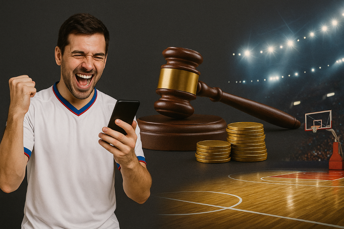 Ein Bild mit einem jubelnden Mann an seinem Handy, einem Haufen Münzen und einem Basketballfeld.