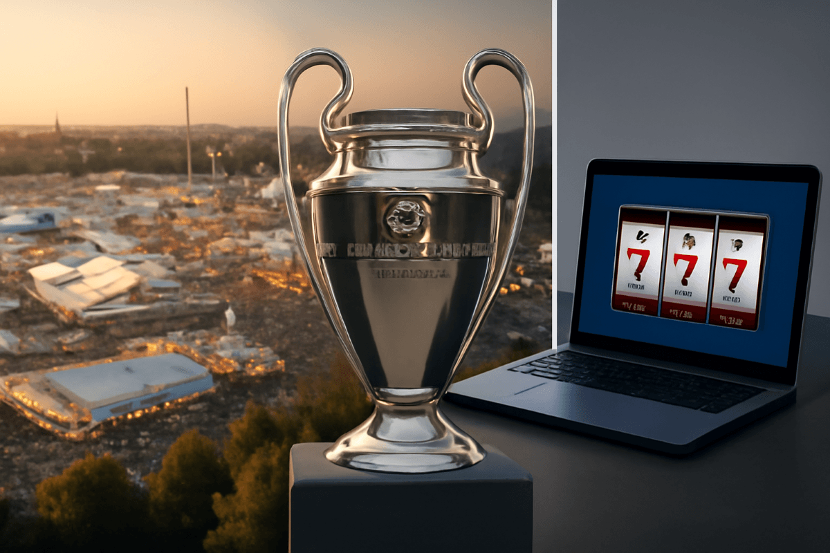 Panoramablick auf das Oktoberfest, der Champions-League-Pokal und ein Laptop, auf dem Slots gespielt werden.