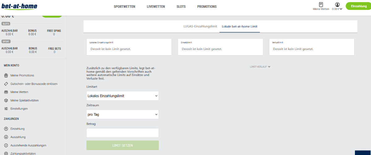 Screenshot von den einstellbaren Limits bei bet-at-home.