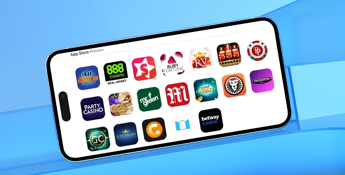 Ein iPhone, auf dem der App Store mit Apps aus der Kategorie "Casino" gezeigt wird.