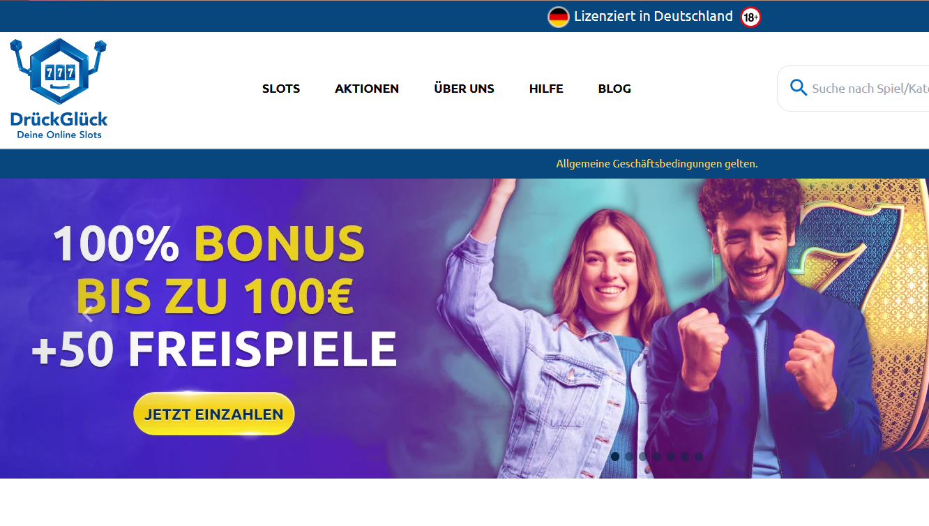 Aufnahme von der Startseite von DrückGlück, auf der eine jubelnde Frau und ein jubelnder Mann zu sehen sind.