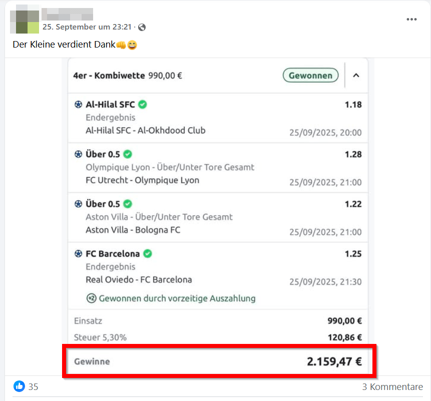 Screenshot aus einer Facebook-Gruppe, auf dem ein User seinen Gewinn von über 2.000 € präsentiert.