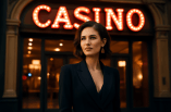 Eine Frau steht in einem schicken Anzug vor einem Casino.