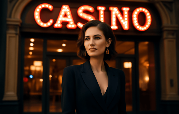 Eine Frau steht in einem schicken Anzug vor einem Casino.
