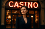 Eine Frau steht in einem schicken Anzug vor einem Casino.