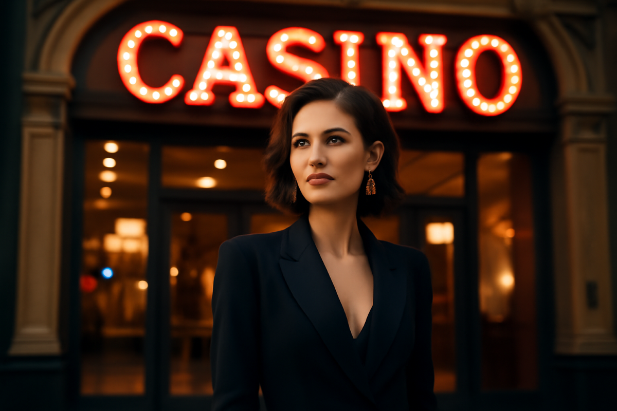 Eine Frau steht in einem schicken Anzug vor einem Casino.