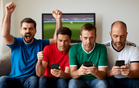 Vier Männer sitzen auf einer Couch und schauen auf ihre Smartphones. Einige jubeln, andere sind zerknirscht.