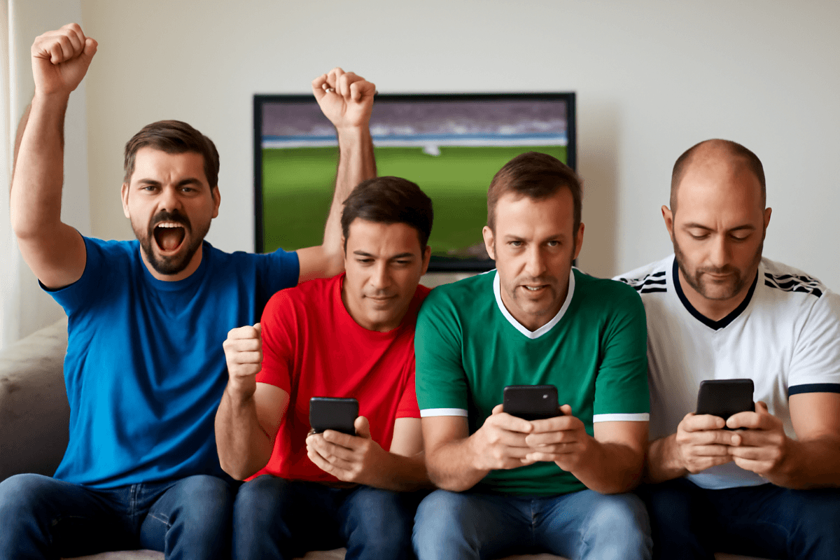 Vier Männer sitzen auf einer Couch und schauen auf ihre Smartphones. Einige jubeln, andere sind zerknirscht.