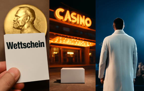 Ein Wettschein für den Nobelpreis, ein Casino mit einer weißen Box davor und ein Musiker auf einer Bühne.