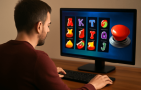 Ein Mann sitzt vor seinem Computer und spielt Slots. Auf seinem Bildschirm ist ein roter Panikbutton zu sehen.
