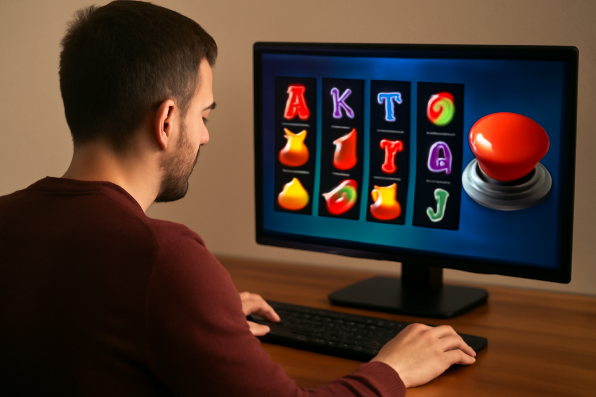 Ein Mann sitzt vor seinem Computer und spielt Slots. Auf seinem Bildschirm ist ein roter Panikbutton zu sehen.