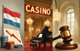 Bildmontage aus drei Teilen: links die niederländische Flagge, in der Mitte ein Casino mit Flügel und rechts ein Richterhammer.