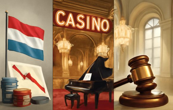 Bildmontage aus drei Teilen: links die niederländische Flagge, in der Mitte ein Casino mit Flügel und rechts ein Richterhammer.