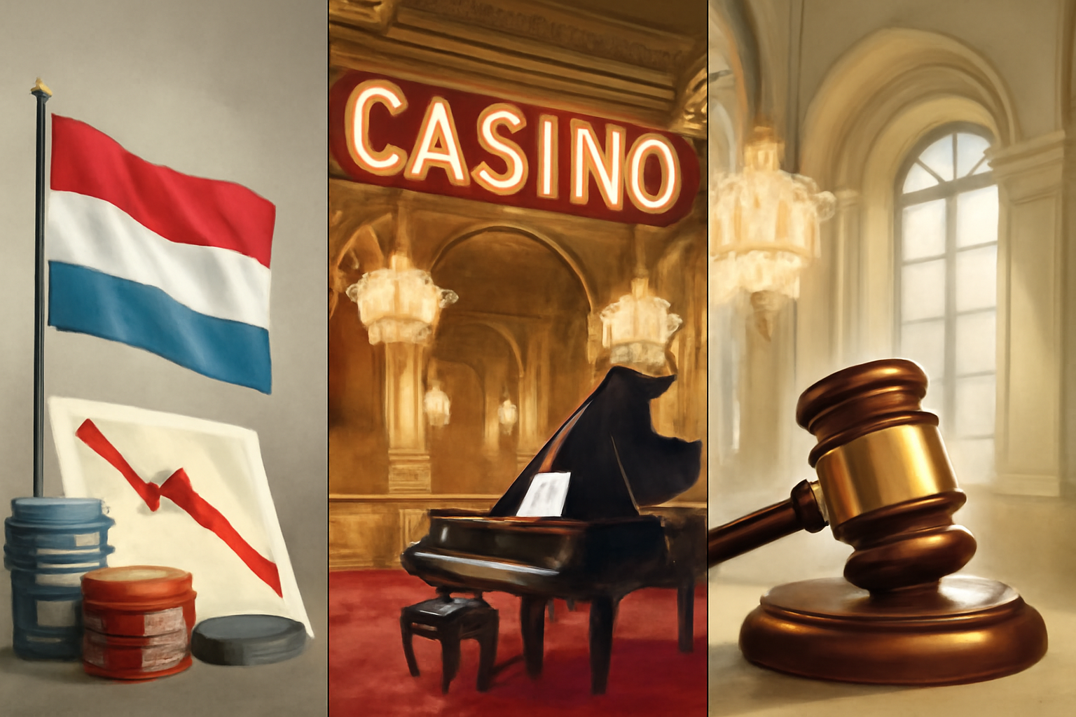 Bildmontage aus drei Teilen: links die niederländische Flagge, in der Mitte ein Casino mit Flügel und rechts ein Richterhammer.