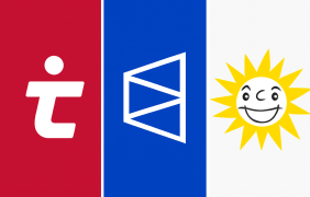 Triptychon mit den Logos von Tipico, Polymarket und Merkur auf roten, blauen und weißen Hintergründen.