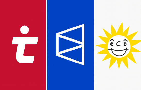 Triptychon mit den Logos von Tipico, Polymarket und Merkur auf roten, blauen und weißen Hintergründen.