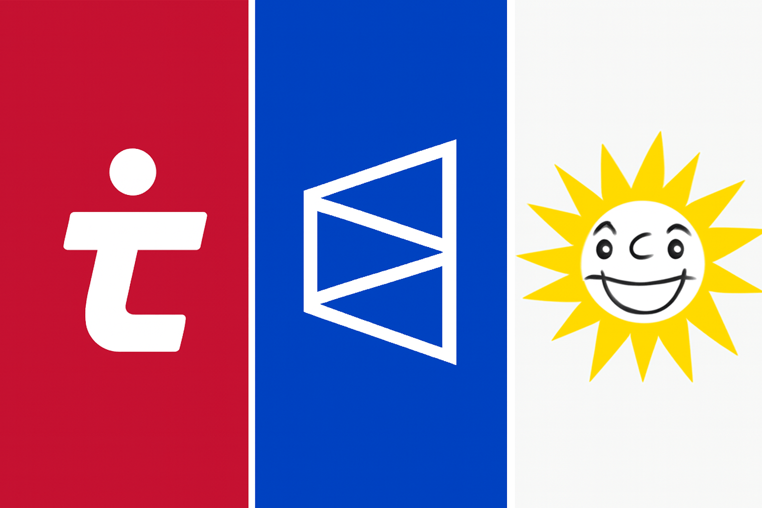 Triptychon mit den Logos von Tipico, Polymarket und Merkur auf roten, blauen und weißen Hintergründen.