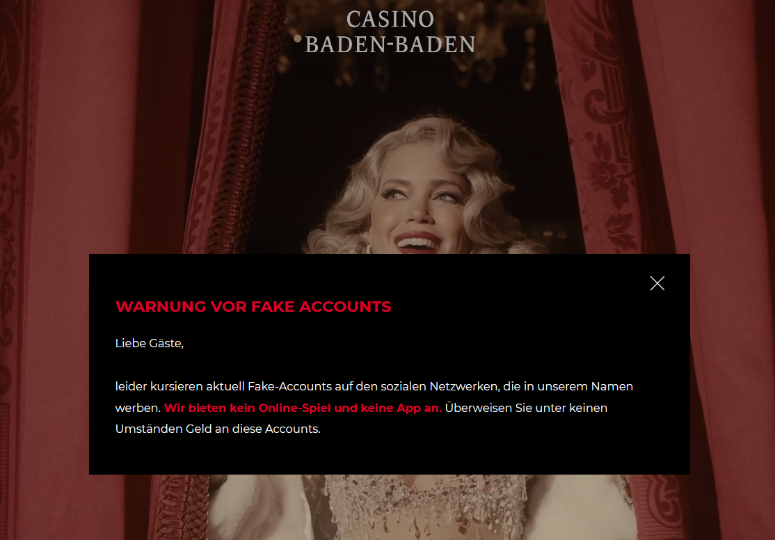 Warnung vor Casino Fake Casino Werbung auf der Website des Casino Baden-Baden.