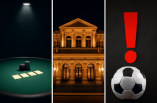Ein Pokertisch, eine Spielbank bei Nacht sowie ein Fußball mit einem roten Ausrufezeichen.
