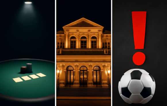 Ein Pokertisch, eine Spielbank bei Nacht sowie ein Fußball mit einem roten Ausrufezeichen.