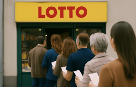 Vor einer Lotto-Annahmestelle hat sich eine Schlange von Menschen gebildet.