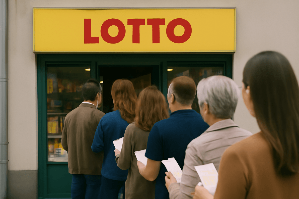 Vor einer Lotto-Annahmestelle hat sich eine Schlange von Menschen gebildet.