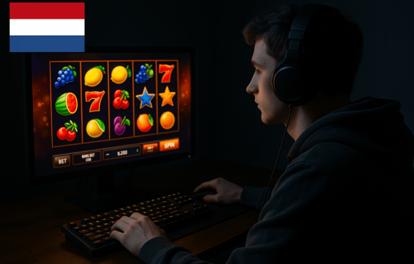 Ein junger Mann sitzt an seinem Computer und spielt dort Slots.