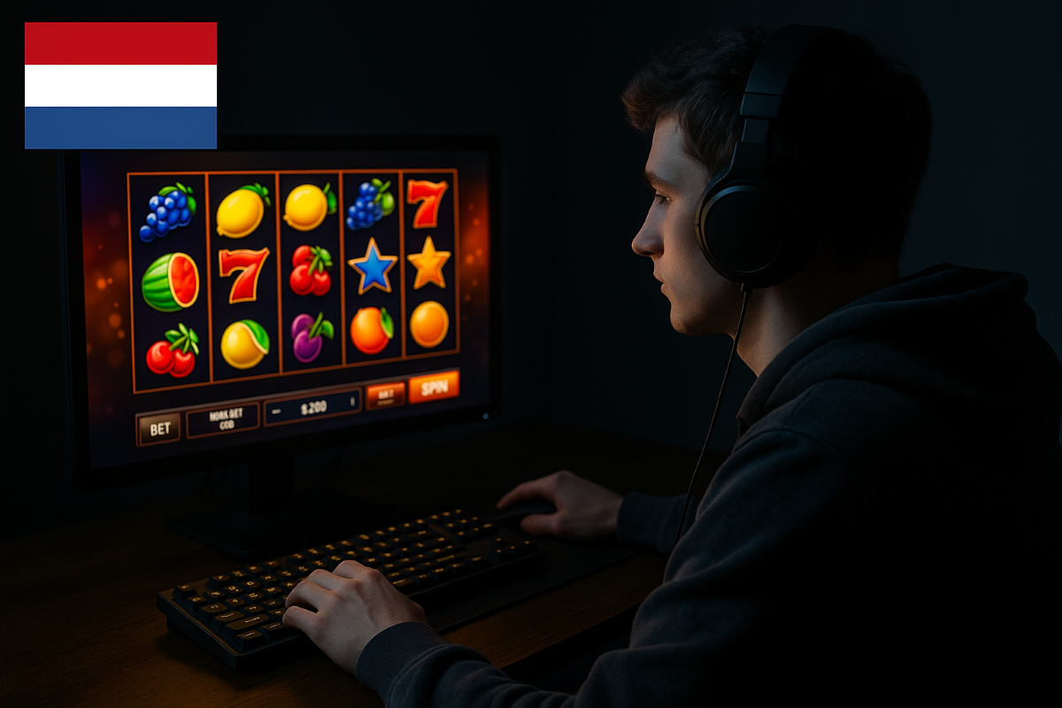 Ein junger Mann sitzt an seinem Computer und spielt dort Slots.