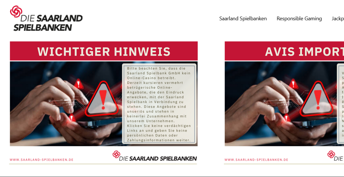Warnung vor Casino Fake Casino Werbung auf der Website der Saarland Spielbanken.