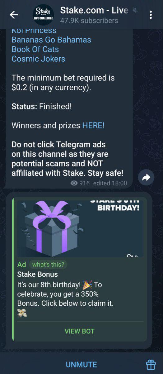 Screenshot eines Telegram Chats mit einem Fake-Angebot von Stake.