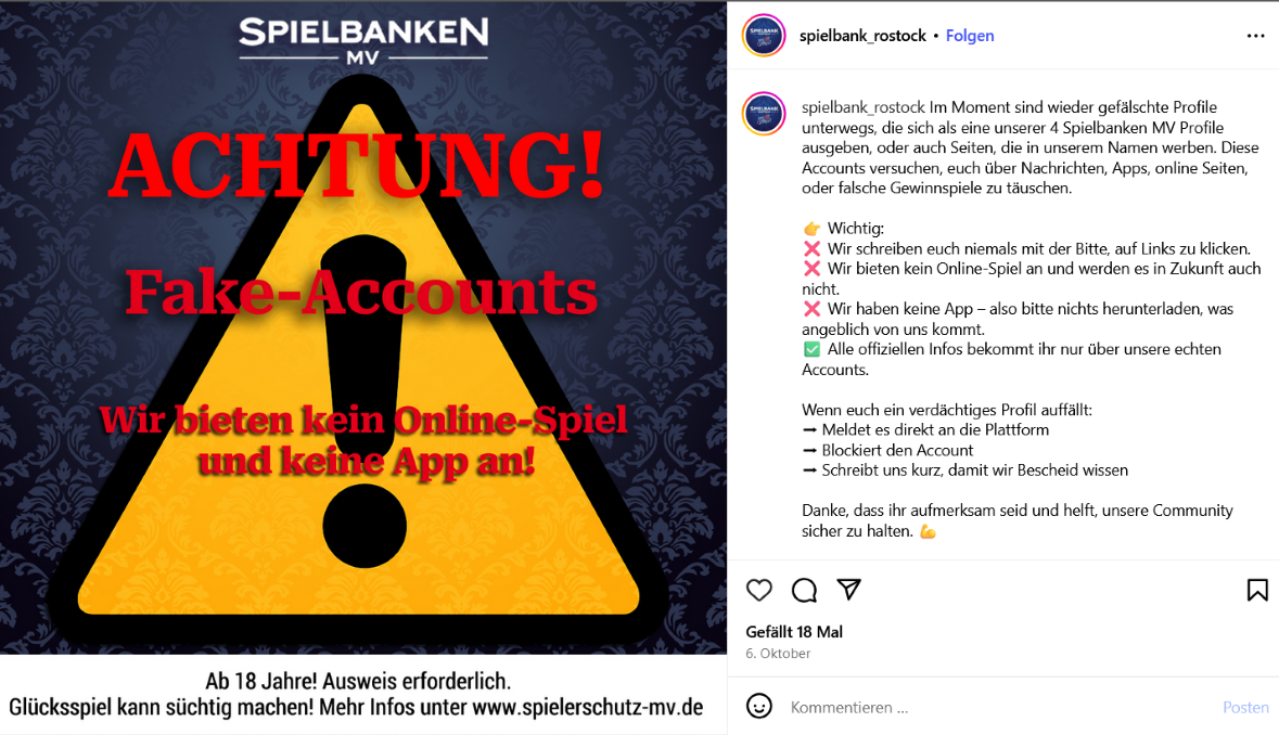 Instagram-Screenshot vom Profil der Spielbank Rostock mit einer Warnung vor Fake Accounts.